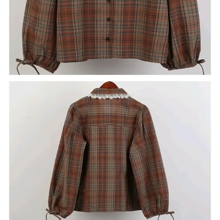 [BUNJANG] Korean Lace Detail Check Blouse / 국산 부분 레이스 체크 블라우스 브라운