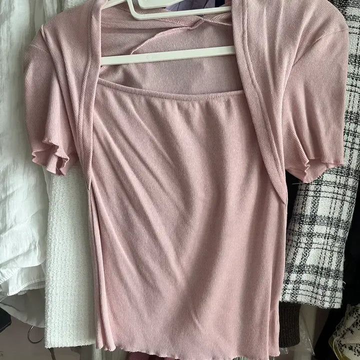 [BUNJANG] Pink Ribbed Square Neck Knit Top / 딸기우유 핑크 골지 스퀘어넥 니트 반팔
