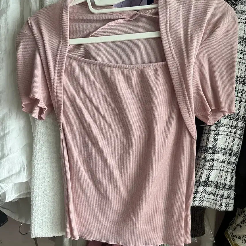 [BUNJANG] Pink Ribbed Square Neck Knit Top / 딸기우유 핑크 골지 스퀘어넥 니트 반팔