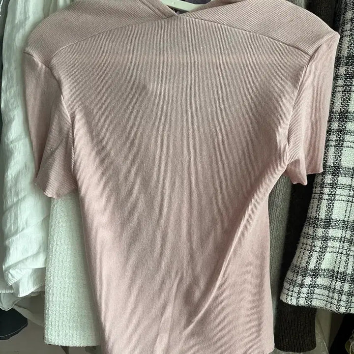 [BUNJANG] Pink Ribbed Square Neck Knit Top / 딸기우유 핑크 골지 스퀘어넥 니트 반팔