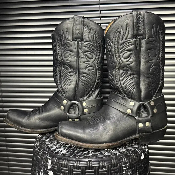 [BUNJANG] Sancho Spain Leather Western Ring Ankle Boots Black 260 / SANCHO 산초 부츠 스페인 가죽 웨스턴 부츠 링 앵클 260 블랙