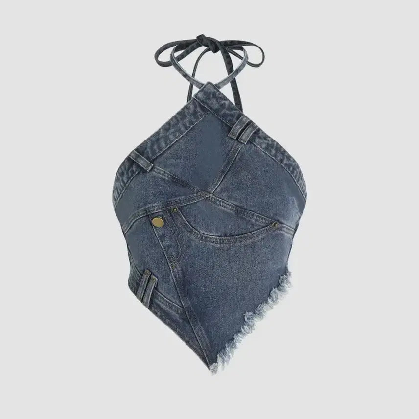 [BUNJANG] Shop Sider Denim Halterneck Crop Top (Karina Worn, XXS) / [택있는새상품] (카리나 착용) 샵사이다 데님 홀터넥 크롭 탑 (xxs)