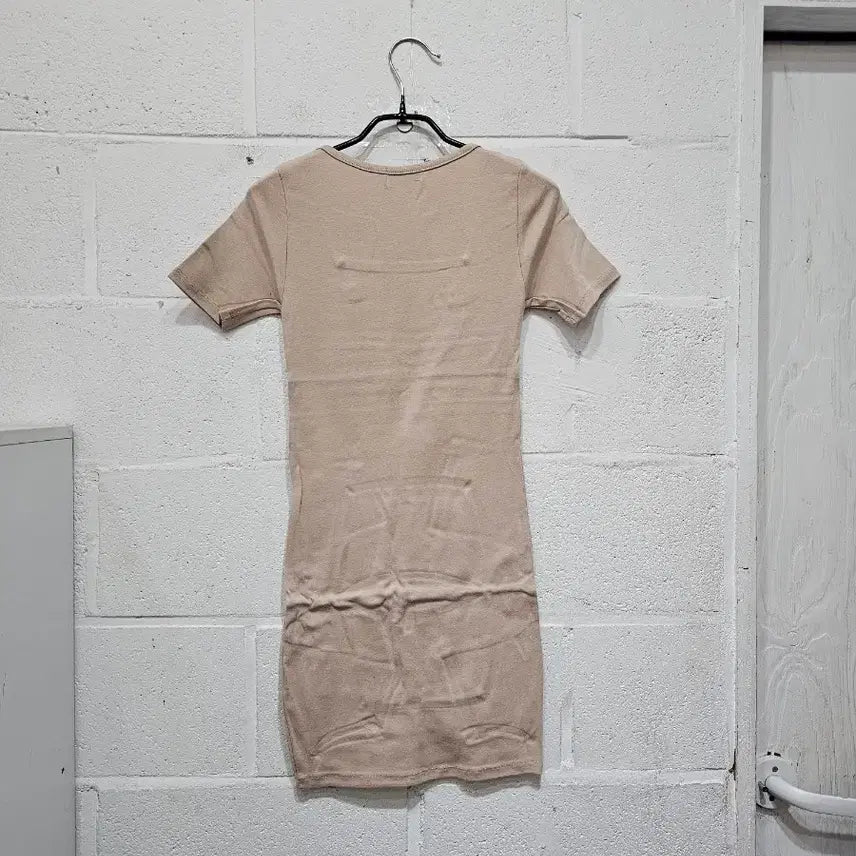 [BUNJANG] Square Neck Slim Short Sleeve Dress - Beige / 스퀘어넥 슬림 반팔 원피스- 베이지
