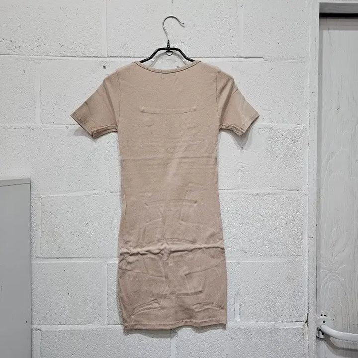 [BUNJANG] Square Neck Slim Short Sleeve Dress - Beige / 스퀘어넥 슬림 반팔 원피스- 베이지