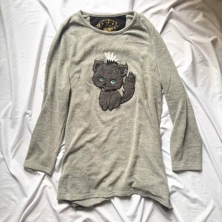 [BUNJANG] Vintage Cat Illustration Long Sleeve Knit Top / 빈티지 고양이 갸루 롱 슬리브
