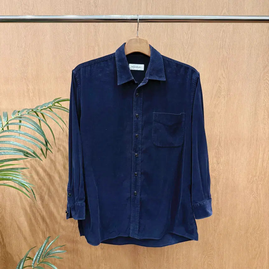 [BUNJANG] Yves Saint Laurent Classic Logo Embroidered Navy Button-Up Shirt / 입생로랑 셔츠 롤업 슬리브 클래식 버튼업 로고 자수 디테일 네이비