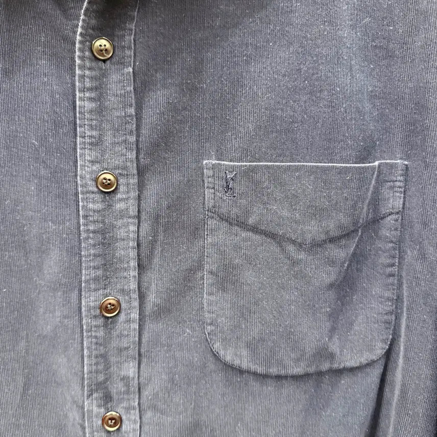 [BUNJANG] Yves Saint Laurent Classic Logo Embroidered Navy Button-Up Shirt / 입생로랑 셔츠 롤업 슬리브 클래식 버튼업 로고 자수 디테일 네이비