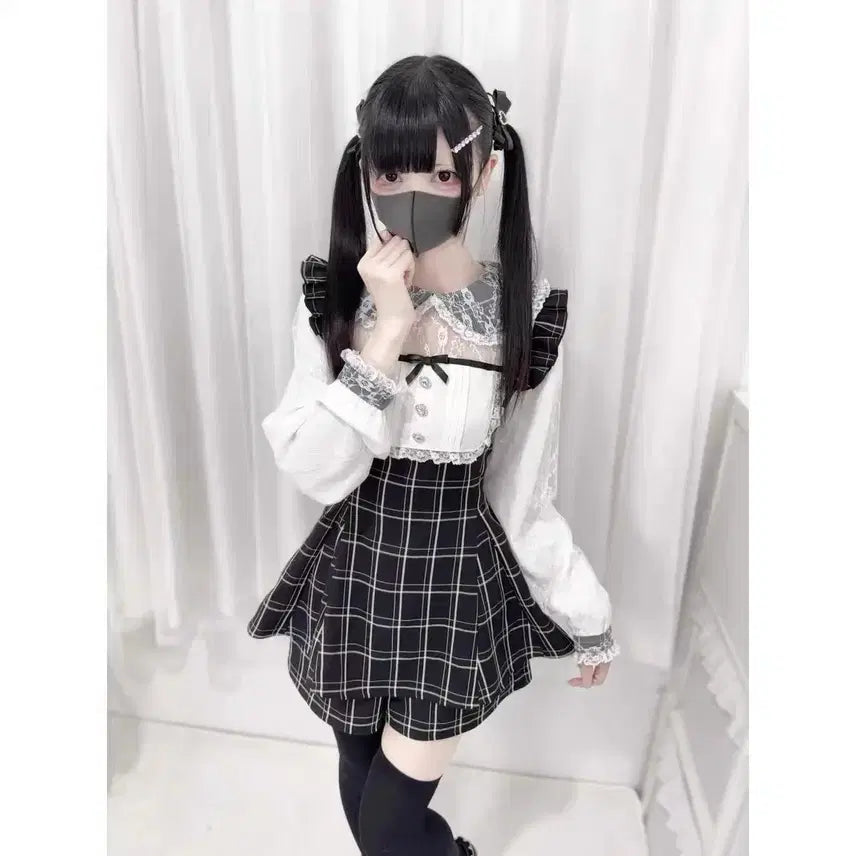 [BUNJANG] Summer Checkered Lace Dress and Shorts Set / 지뢰계 양산형 여름용 체크 레이스 원피스+반바지 세트(2컬러)