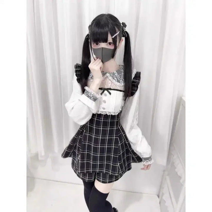 [BUNJANG] Summer Checkered Lace Dress and Shorts Set / 지뢰계 양산형 여름용 체크 레이스 원피스+반바지 세트(2컬러)