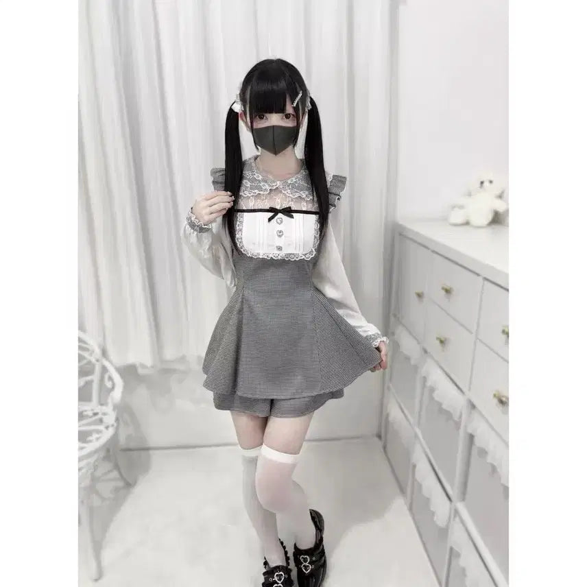 [BUNJANG] Summer Checkered Lace Dress and Shorts Set / 지뢰계 양산형 여름용 체크 레이스 원피스+반바지 세트(2컬러)