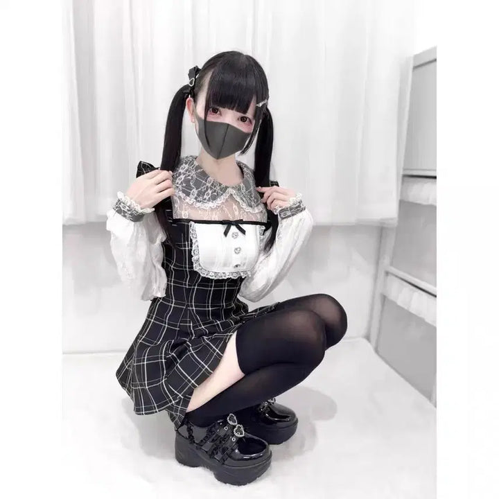 [BUNJANG] Summer Checkered Lace Dress and Shorts Set / 지뢰계 양산형 여름용 체크 레이스 원피스+반바지 세트(2컬러)