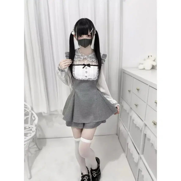 [BUNJANG] Summer Checkered Lace Dress and Shorts Set / 지뢰계 양산형 여름용 체크 레이스 원피스+반바지 세트(2컬러)