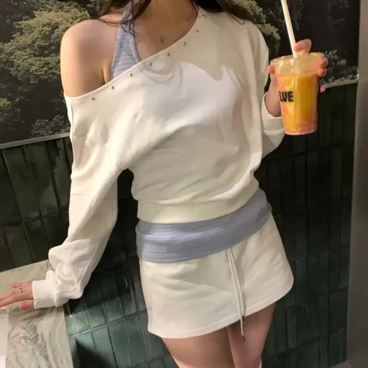 [BUNJANG] Highwance Off-Shoulder Skirt Pants Set / 하이원스 오프숄더 치마바지 세트