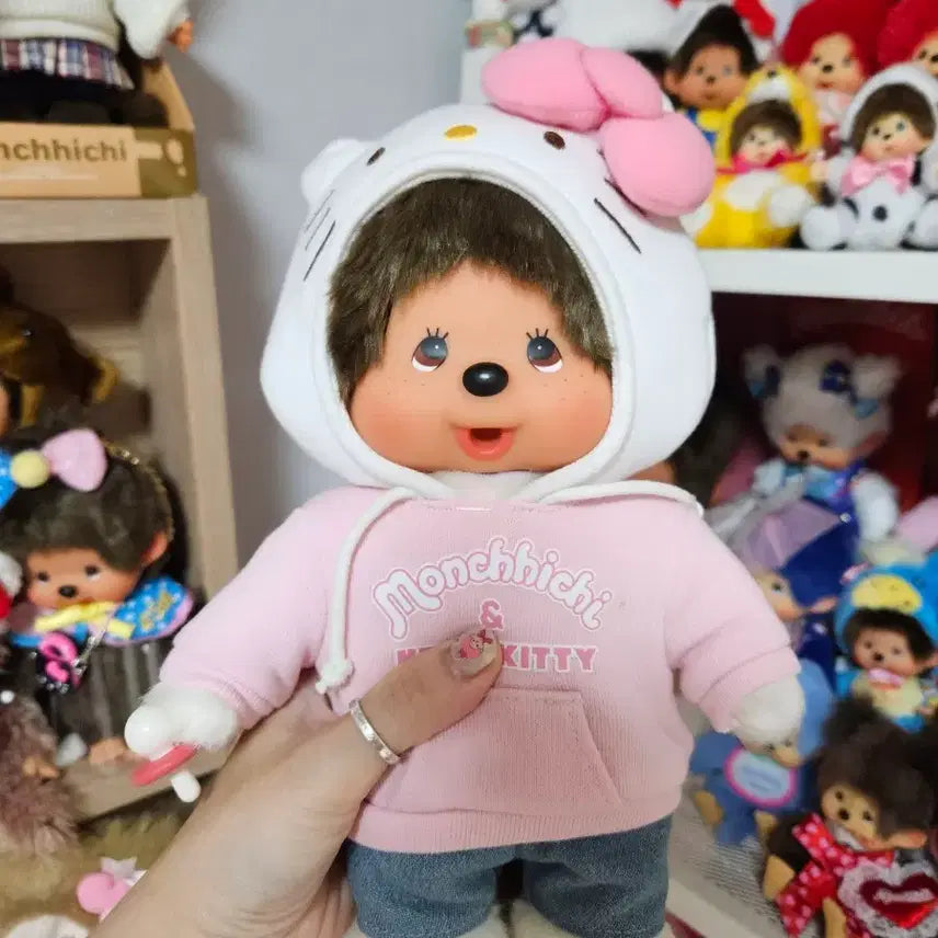 [BUNJANG] Monchhichi x Hello Kitty Collaboration Doll Pink Hoodie / 몬치치 키티 콜라보 인형 핑크 후드티