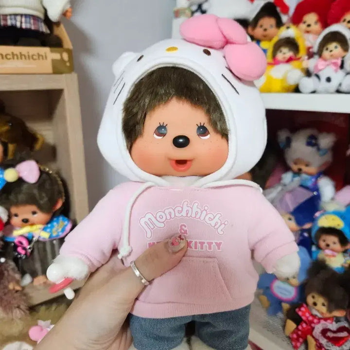 [BUNJANG] Monchhichi x Hello Kitty Collaboration Doll Pink Hoodie / 몬치치 키티 콜라보 인형 핑크 후드티