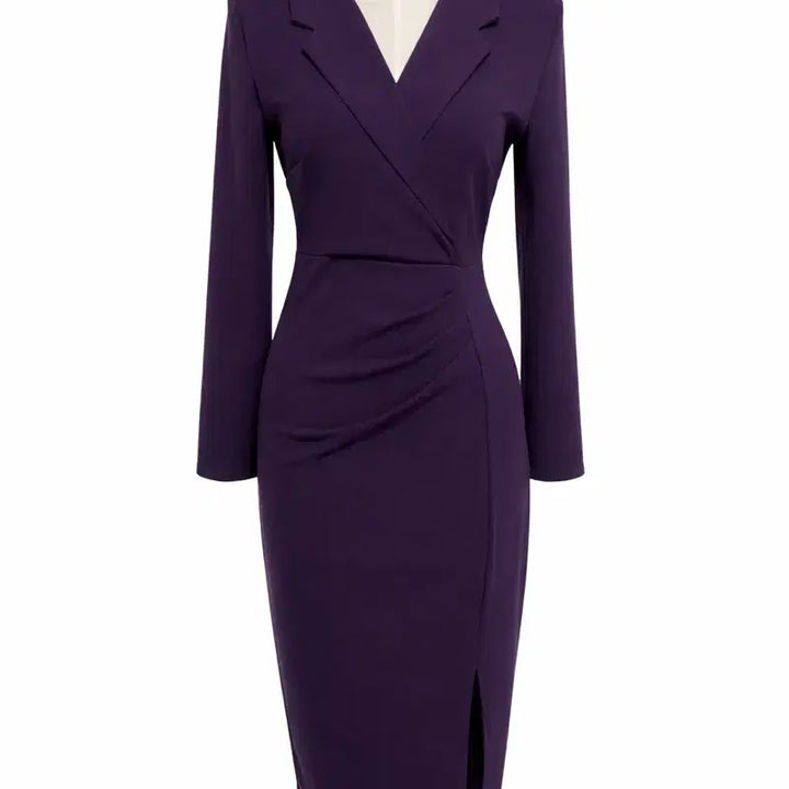 [BUNJANG] Deep Purple Shirred Slit Midi Dress / 딥퍼플 셔링 슬릿 원피스 66사이즈 봄가을원피스 브이넥 트임 섹시