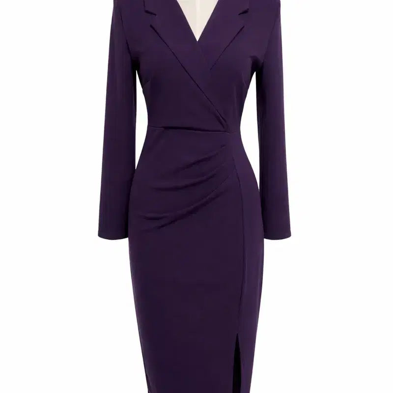 [BUNJANG] Deep Purple Shirred Slit Midi Dress / 딥퍼플 셔링 슬릿 원피스 66사이즈 봄가을원피스 브이넥 트임 섹시