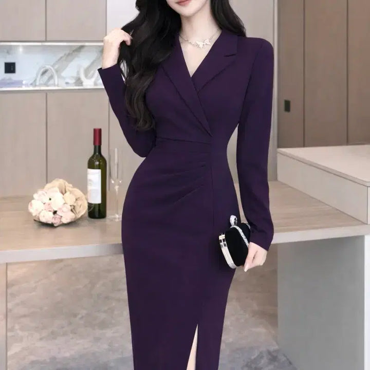 [BUNJANG] Deep Purple Shirred Slit Midi Dress / 딥퍼플 셔링 슬릿 원피스 66사이즈 봄가을원피스 브이넥 트임 섹시