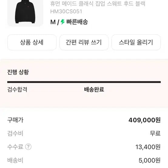 [SOLD OUT] 휴먼 메이드 클래식 집업 스웨트 후드 블랙