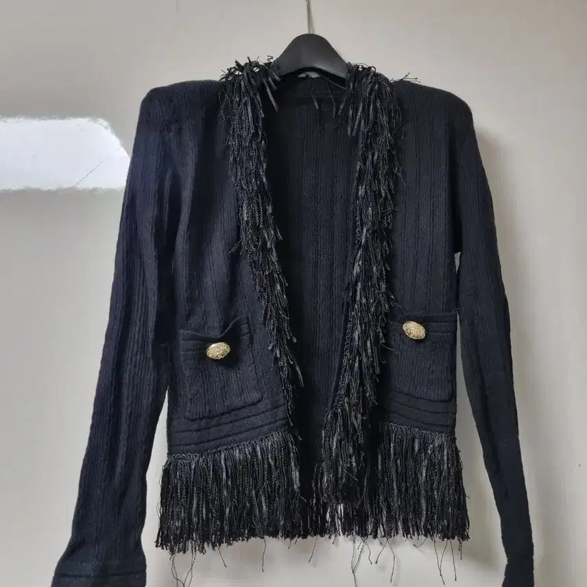 [BUNJANG] Black Fringe Shawl Detail Cardigan / 블랙 프린지 슐장식 가디건 55