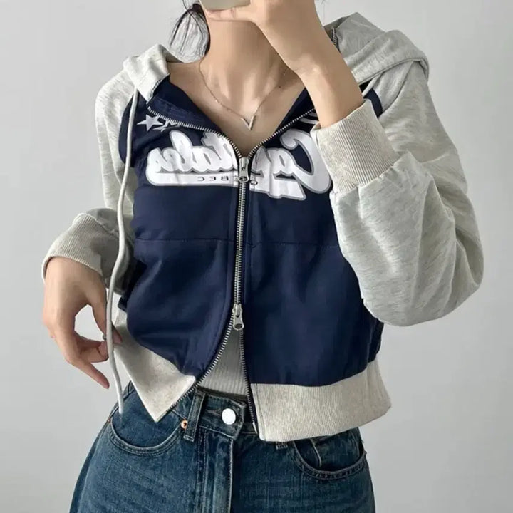 [BUNJANG] Y2K Navy Cropped Raglan Hoodie Zip-up / 간절기, 가을 아우터 [y2k,힙무드/키치한후드집업,투웨이지퍼] 캡나그랑