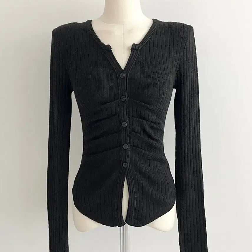[BUNJANG] V-Neck Shirring Ribbed Knit Cardigan for Spring/Autumn / 브이넥 셔링 가디건 슬림핏 트임 골지 니트 봄 가을 긴팔