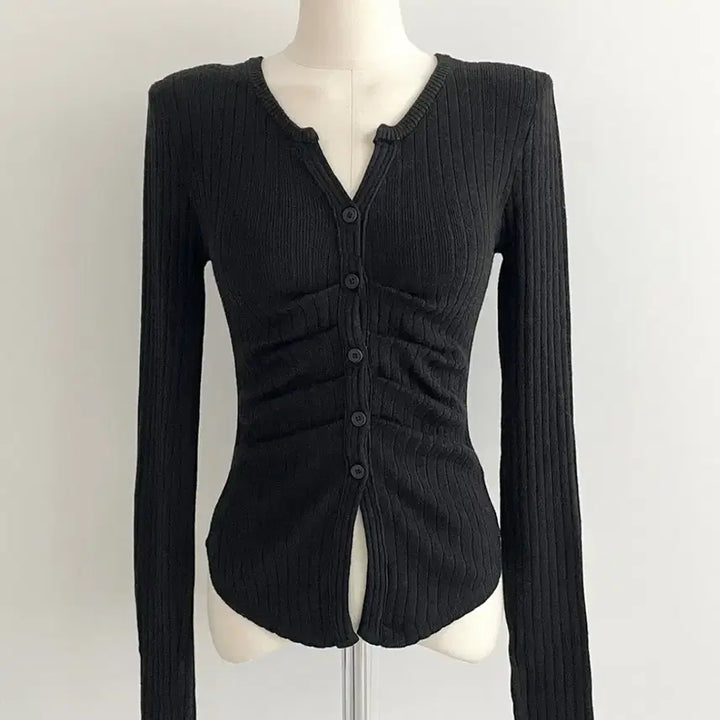 [BUNJANG] V-Neck Shirring Ribbed Knit Cardigan for Spring/Autumn / 브이넥 셔링 가디건 슬림핏 트임 골지 니트 봄 가을 긴팔