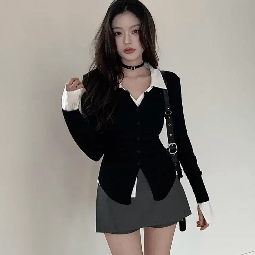 [BUNJANG] V-Neck Shirring Ribbed Knit Cardigan for Spring/Autumn / 브이넥 셔링 가디건 슬림핏 트임 골지 니트 봄 가을 긴팔