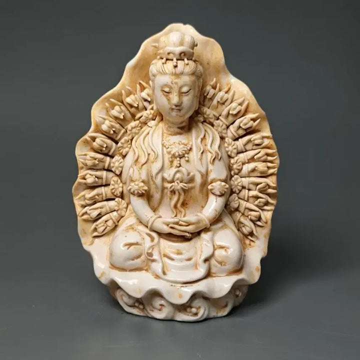 [BUNJANG] Joseon White Porcelain Bidri Ware Filigree Standing Buddha Statue / 송 백자 투조 천수관음보살좌상 불상 불교 중국도자기 골동품 수집품