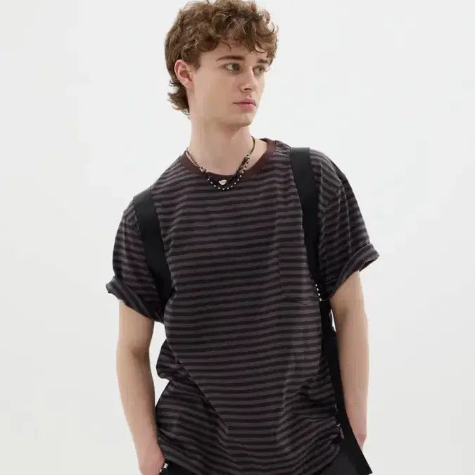 [BUNJANG] Le Havre Phantom Stripe Round T-Shirt Brown / 르아브 팬텀 스트라이프 라운드 티셔츠 브라운