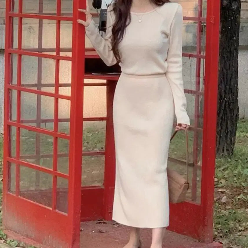 [BUNJANG] Spring Ribbed Knit Top and Long Skirt Two-Piece Set / 봄 골지 니트티 롱스커트 투피스 세트 등원룩 출근룩 오피스룩 하객룩