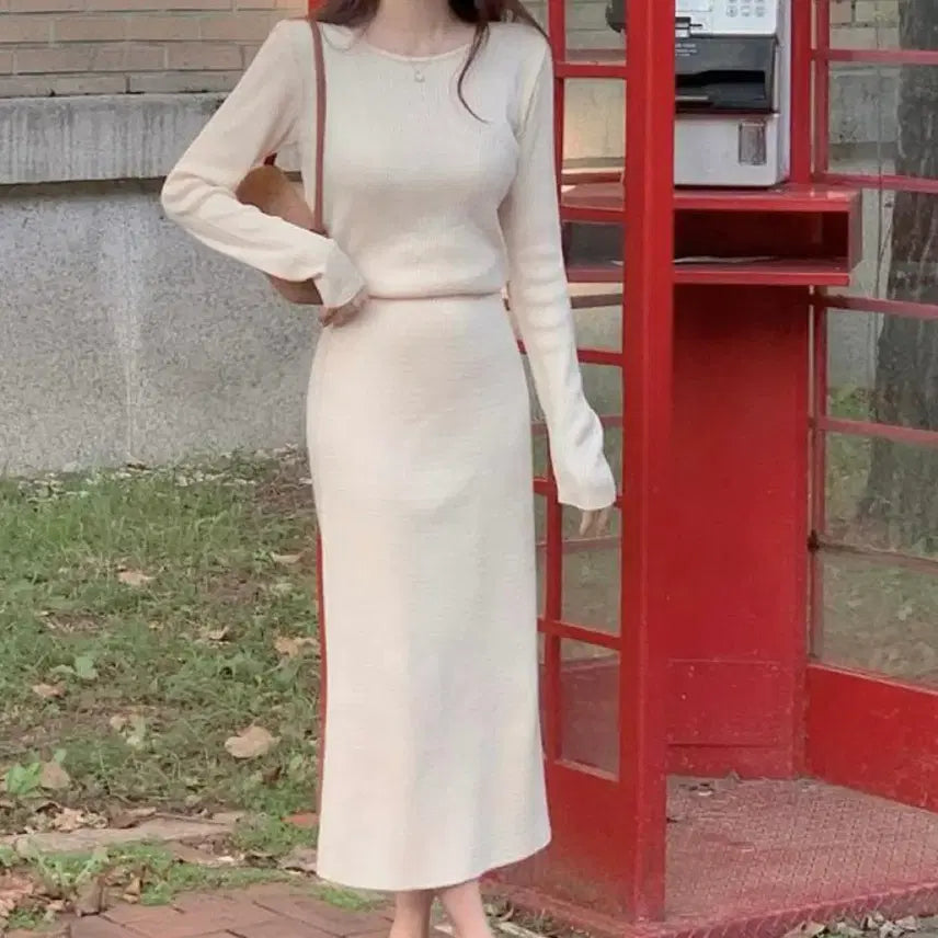 [BUNJANG] Spring Ribbed Knit Top and Long Skirt Two-Piece Set / 봄 골지 니트티 롱스커트 투피스 세트 등원룩 출근룩 오피스룩 하객룩