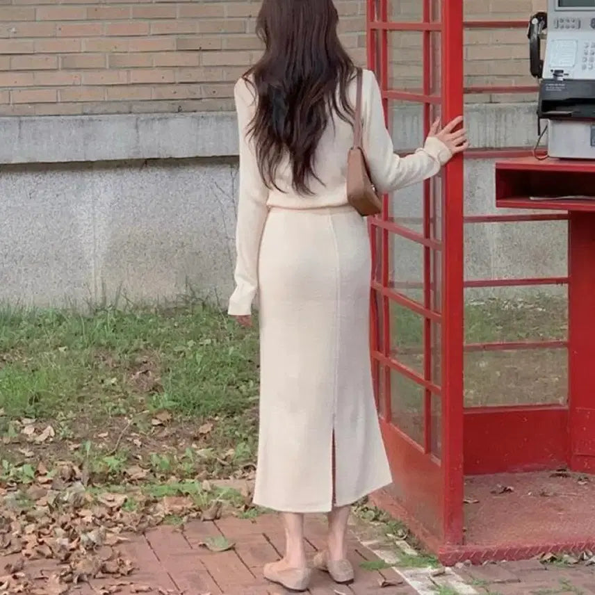 [BUNJANG] Spring Ribbed Knit Top and Long Skirt Two-Piece Set / 봄 골지 니트티 롱스커트 투피스 세트 등원룩 출근룩 오피스룩 하객룩