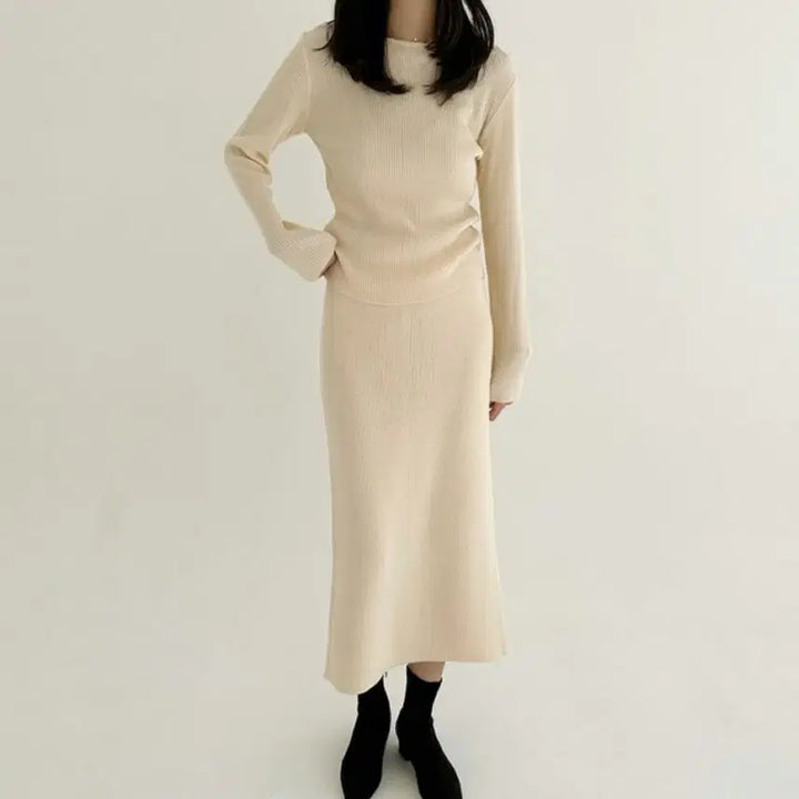 [BUNJANG] Spring Ribbed Knit Top and Long Skirt Two-Piece Set / 봄 골지 니트티 롱스커트 투피스 세트 등원룩 출근룩 오피스룩 하객룩