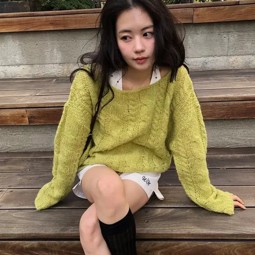 [BUNJANG] Without Summer Cinnamon Cable Knit Olive Sweater / 위드아웃썸머 시나몬 케이블 니트 올리브