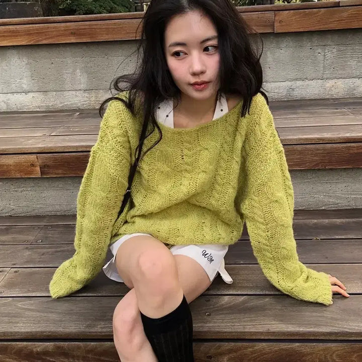 [BUNJANG] Without Summer Cinnamon Cable Knit Olive Sweater / 위드아웃썸머 시나몬 케이블 니트 올리브