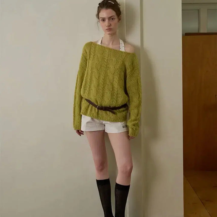[BUNJANG] Without Summer Cinnamon Cable Knit Olive Sweater / 위드아웃썸머 시나몬 케이블 니트 올리브