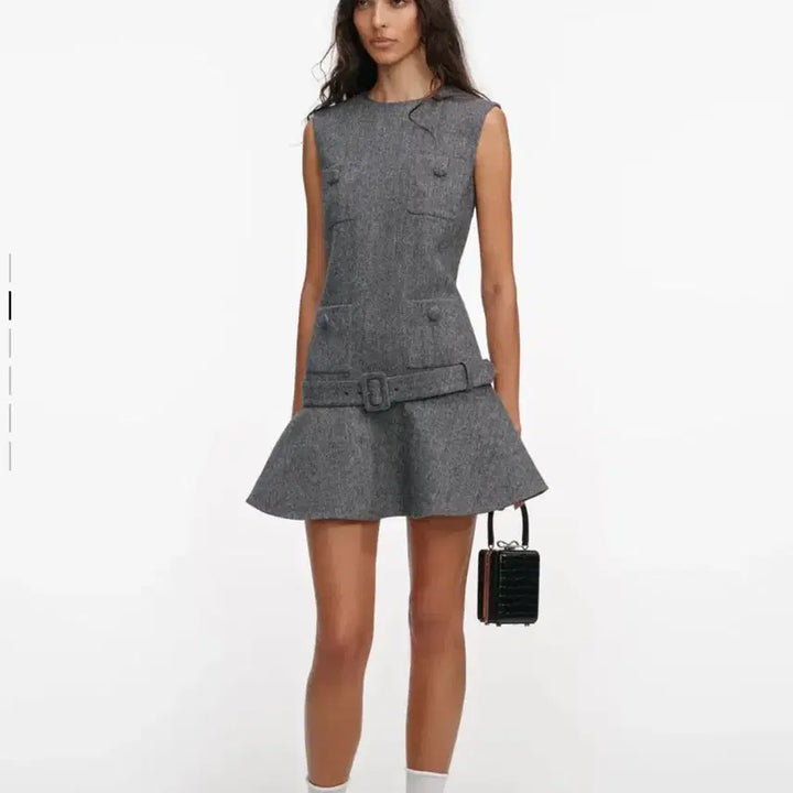 [BUNJANG] Herringbone Buckle Mini Dress Charcoal Gray S / 헤링본 버클 미니 원피스 드레스 챠콜 그레이 s