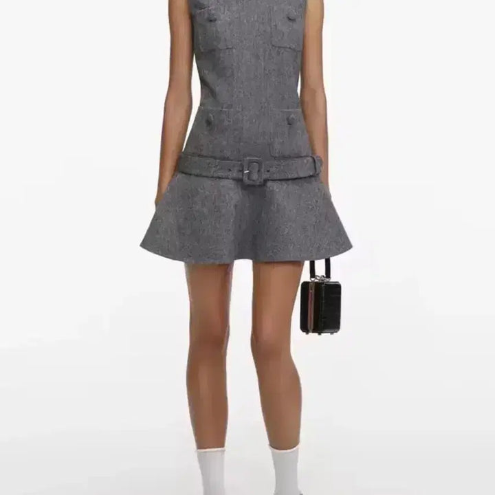 [BUNJANG] Herringbone Buckle Mini Dress Charcoal Gray S / 헤링본 버클 미니 원피스 드레스 챠콜 그레이 s