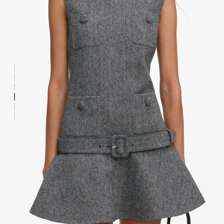 [BUNJANG] Herringbone Buckle Mini Dress Charcoal Gray S / 헤링본 버클 미니 원피스 드레스 챠콜 그레이 s