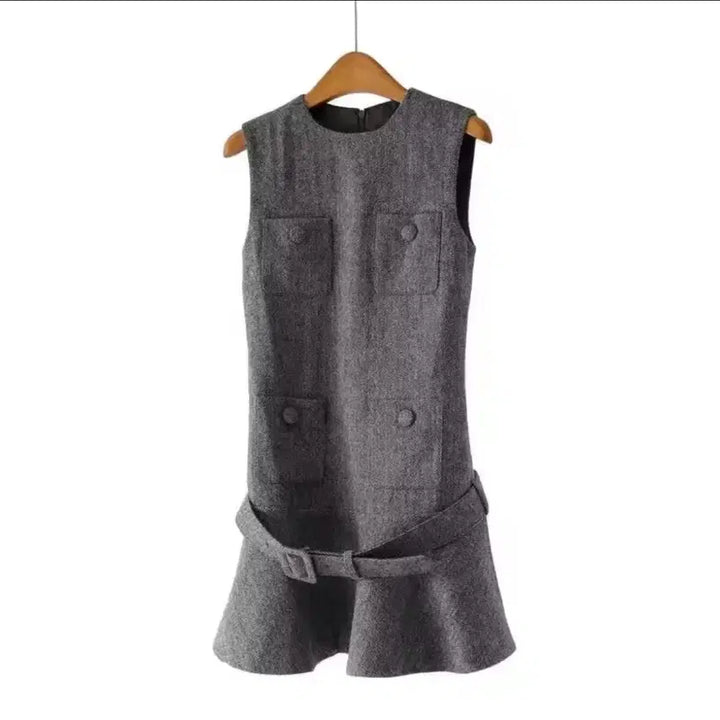 [BUNJANG] Herringbone Buckle Mini Dress Charcoal Gray S / 헤링본 버클 미니 원피스 드레스 챠콜 그레이 s