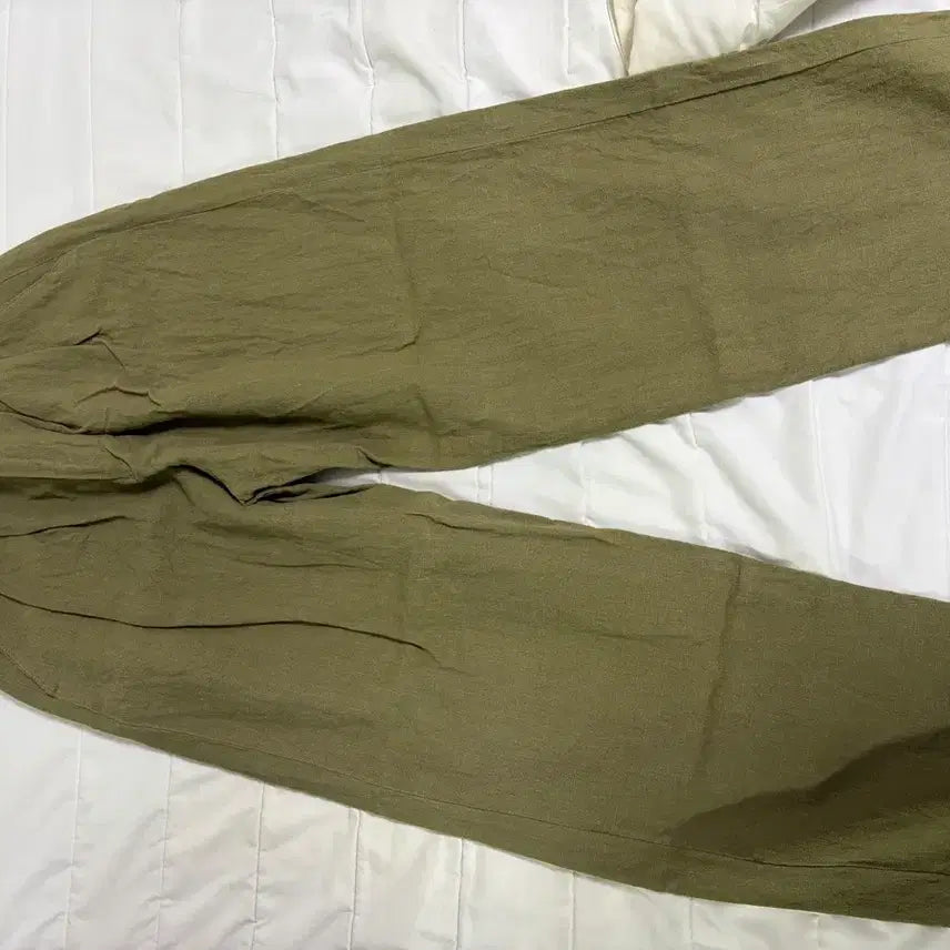 [BUNJANG] Khaki Linen Wide Leg Pants / 카키 밴딩 와이드 린넨바지