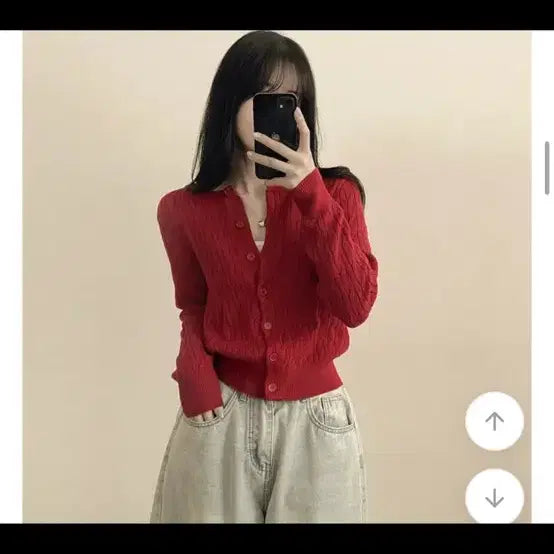 [BUNJANG] Ably Cable Knit Semi-Crop Cardigan - Red / 에이블리 꽈배기 라운드 케이블 기본 세미크롭 긴팔 가디건 레드 F