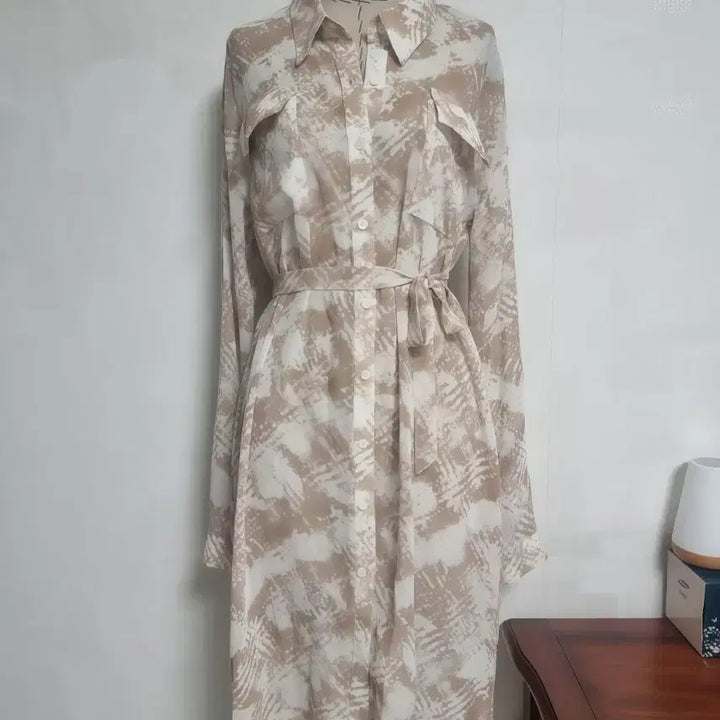 [BUNJANG] Beige Sheer Pattern Shirt Dress / 베이지 시스루 패턴 셔츠 원피스 Free