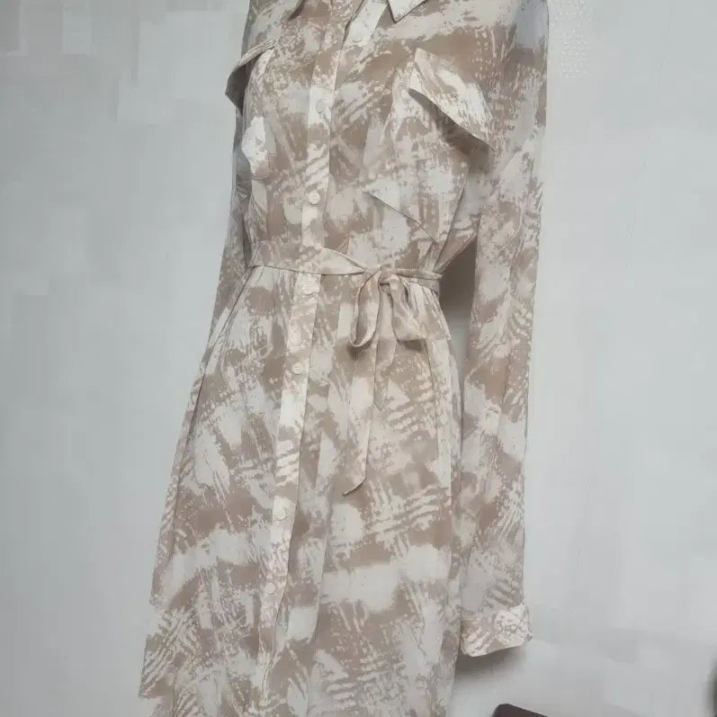 [BUNJANG] Beige Sheer Pattern Shirt Dress / 베이지 시스루 패턴 셔츠 원피스 Free