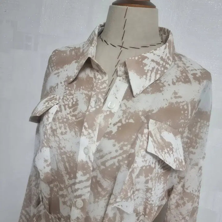 [BUNJANG] Beige Sheer Pattern Shirt Dress / 베이지 시스루 패턴 셔츠 원피스 Free