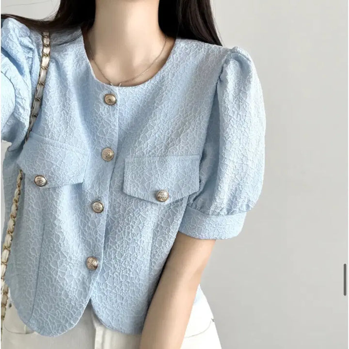 [SOLD OUT] [새상품] 하늘색 퍼프 소매 트위드 자켓