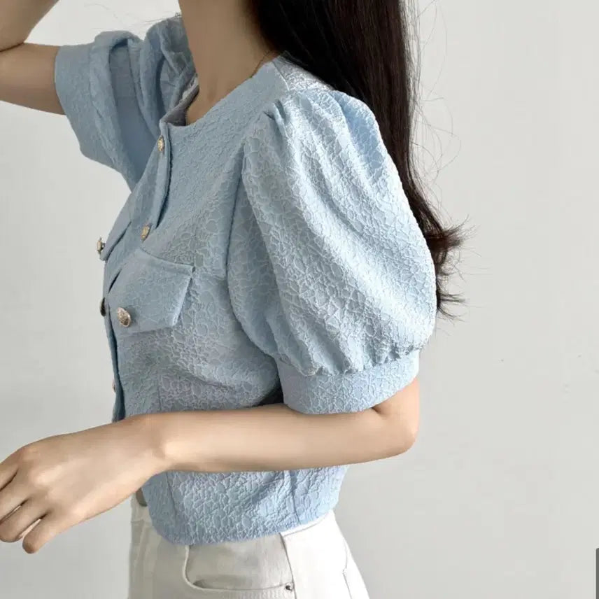 [SOLD OUT] [새상품] 하늘색 퍼프 소매 트위드 자켓