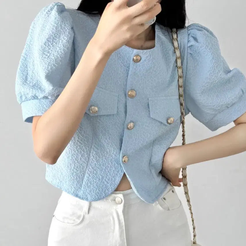 [SOLD OUT] [새상품] 하늘색 퍼프 소매 트위드 자켓