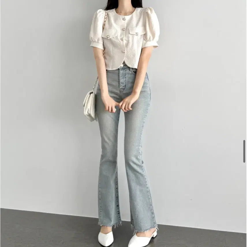 [SOLD OUT] [새상품] 하늘색 퍼프 소매 트위드 자켓